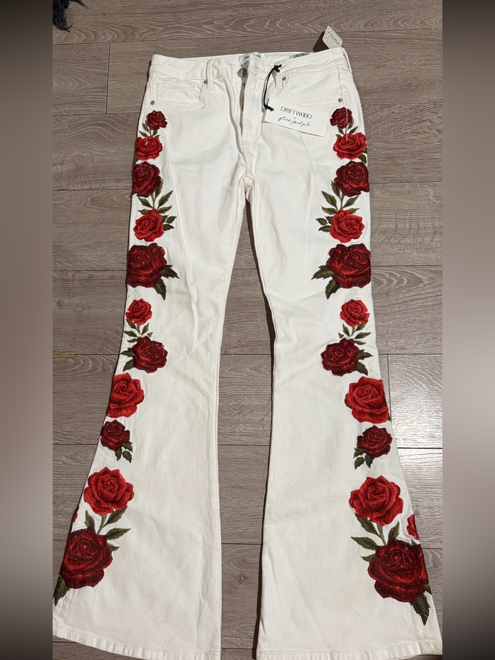 DRIFTWOOD White Flare Jeans with Red Rose Embroidery